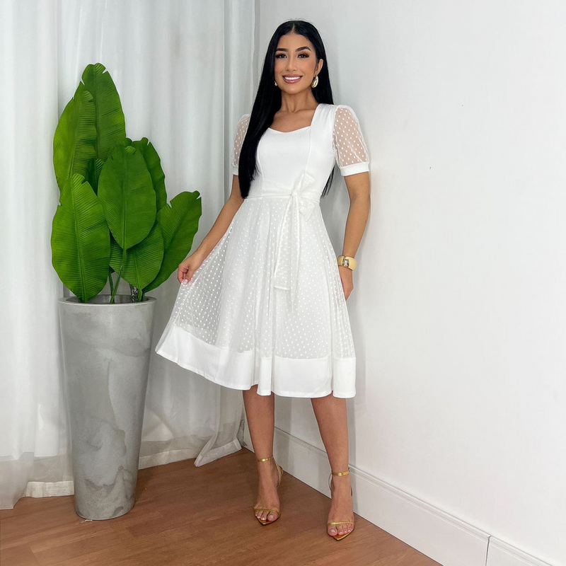 Vestido Mídi Godê Modéstia com Tule na Manga