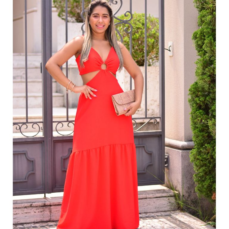 Vestido longo de argola decotado modelo alcinha